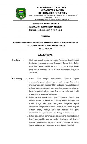 KEPUTUSAN LURAH JOSENAN KECAMATAN TAMAN KOTA MADIUN NOMOR : 148-401.403.7 / 04 / 2019 TENTANG PEMBENTUKAN PENGURUS RUKUN TETANGGA 31 PADA RUKUN WARGA 08 KELURAHAN JOSENAN KECAMATAN TAMAN KOTA MADIUN